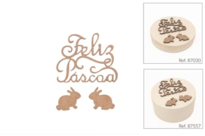 SET 6 CONJ. FELIZ PASCOA 8X6.5X0.3CM MDF+2 COELHOS 3.5X3X0.3