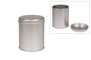 Metal tin box, round, 8cm ø, silver, 10cm, w. lid