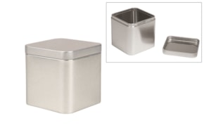 Metal tin box, square-shaped, silver, 7.6x7.6x7.6cm, w. lid